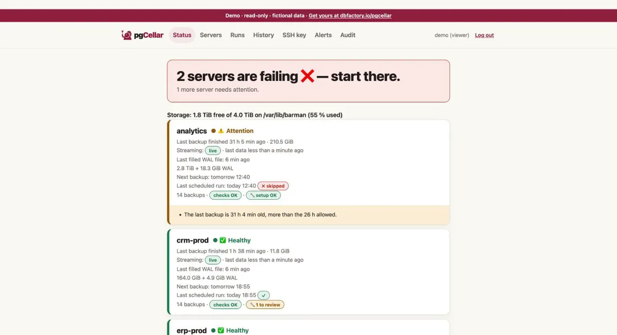 Page Status de pgCellar : une phrase de synthèse et une ligne par serveur
